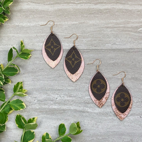 Rose Gold Splattered Pink Leather Designer Canvas Earrings
