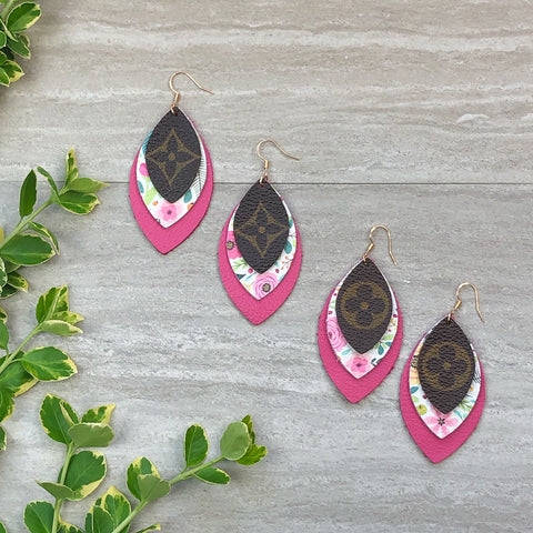 Fuchsia Floral Leather Designer Canvas Earrings